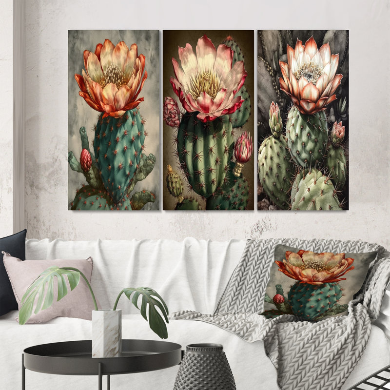 Ensemble de 3 fleurs de cactus en fleurs, Toile tendue, H 32 po x l 48 po