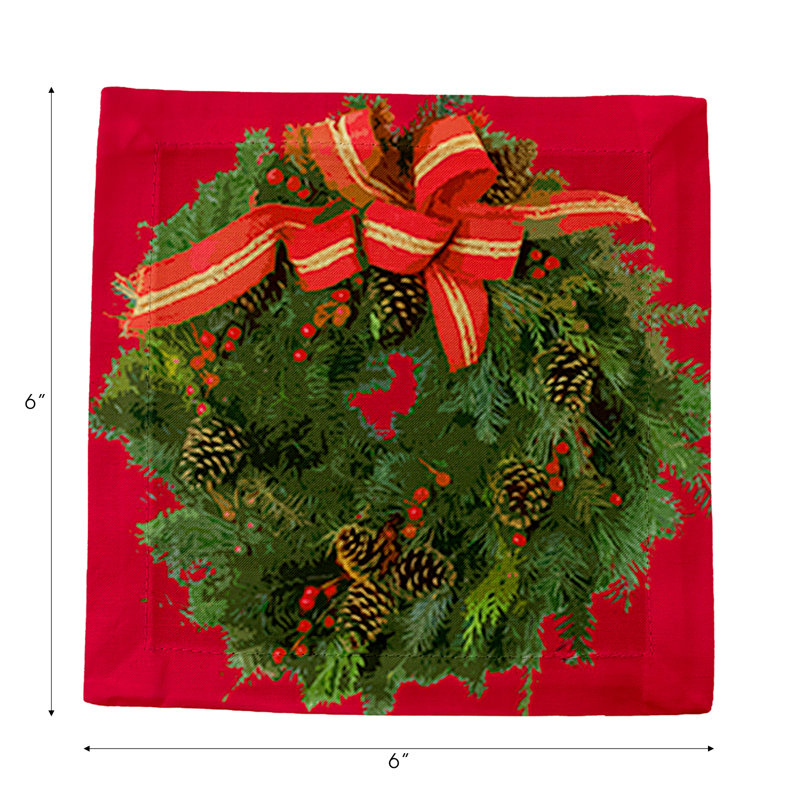 Christmas Wreath Cotton Sateen Cocktail Napkins, Red
