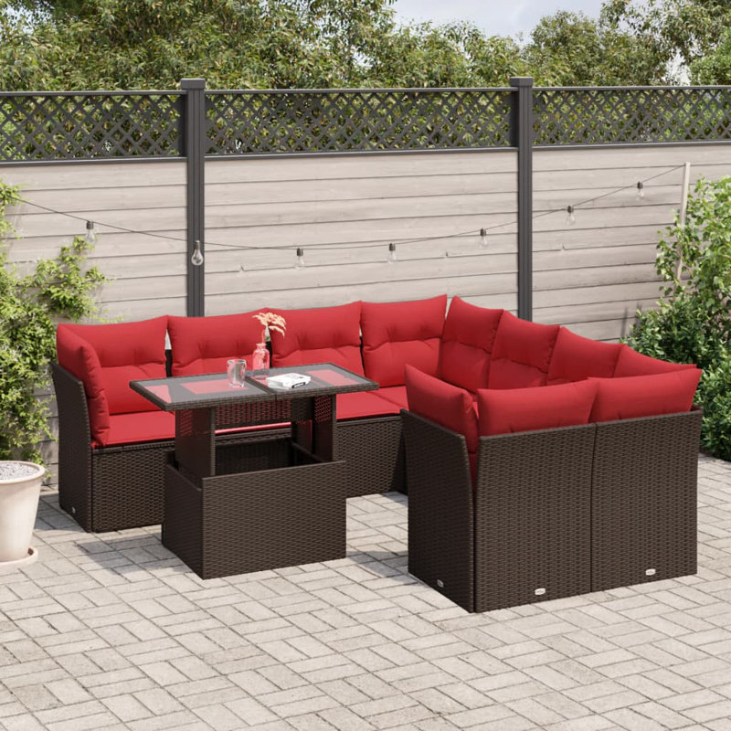 Ensemble de canapé de patio 9 pièces avec coussins en rotin de polyester, Rouge, Brun