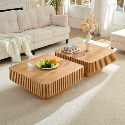 2PCS Set 31.5 Inch Modern Handcraft Drum Coffee Table Square Coffee Table For Living Room,Small Wooden Coffee Table With Sturdy MDF Pedesta,Natural Color