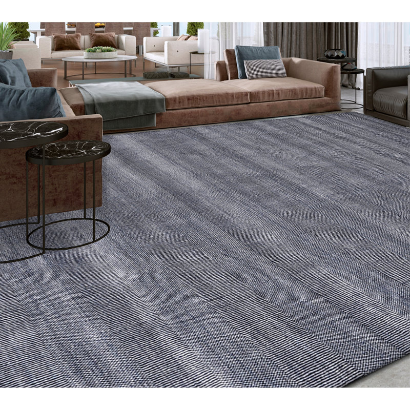 Hand Knotted Striped Area Rug in Navy, Rectangle 10' x 14'
