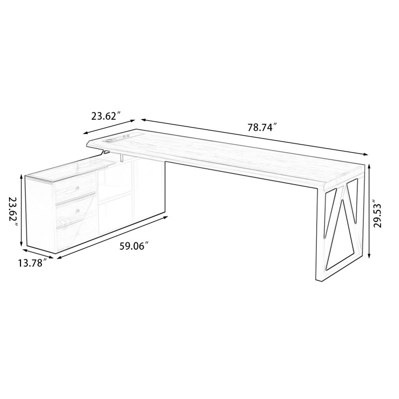 Nut-brown+Black Solid Wood+Iron with 3 drawers desk, 29.53" H x 78.74" W x 23.62" D, Left Hand Return