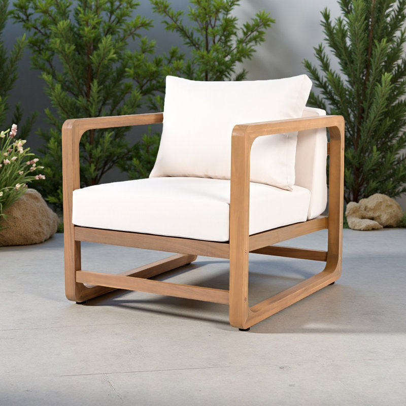Méridienne d'extérieur, fauteuil club en bois d'acacia, siège surdimensionné avec ensemble de coussins blancs
