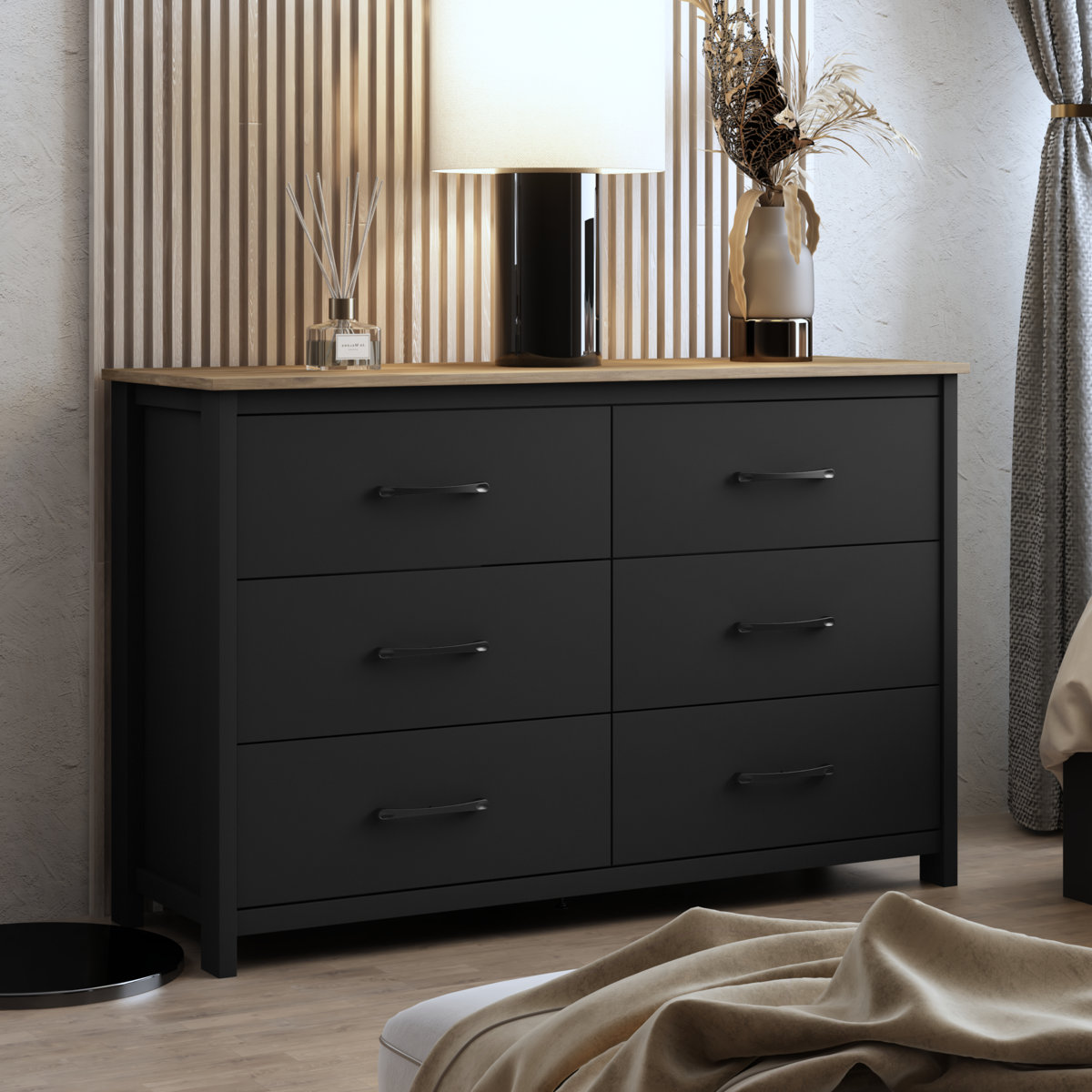 Allysyn 6 Drawer Dresser- Black/Knotty Oak