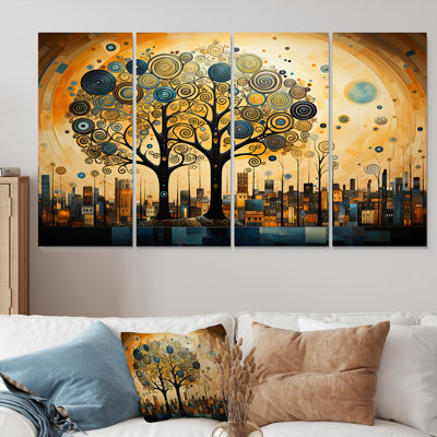 Art mural en spirale Art nouveau Pittoresque Town II - arbre, art mural 4 pièces