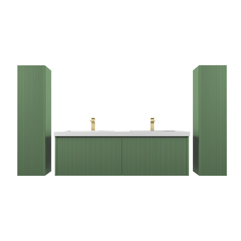60" Wall Mounted Double Bathroom Vanity with Acrylic Vanity Top and 2 Side Cabinets, Aventurine Green
