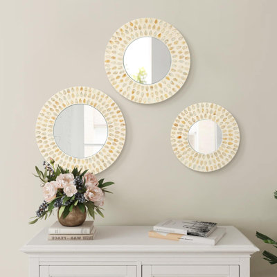 Boho Mirror Wall Decor For Living Room, 3PCS Natural Mother Of Pearl Decorative Mirror For Farmhouse Rustic Home, Hanging Sculptures Bedroom Hallway Porch Decoration (Light Brown)