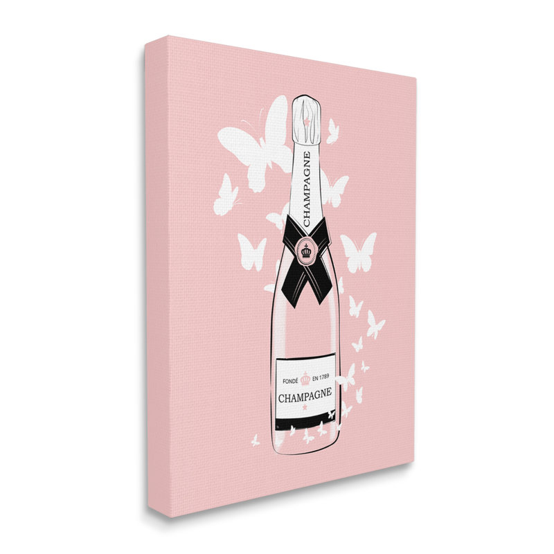 «Pastel Fluttering Butterflies Chic Pink Champagne Bottle» par Martina Pavlova, impression sur toile, Toile tendue