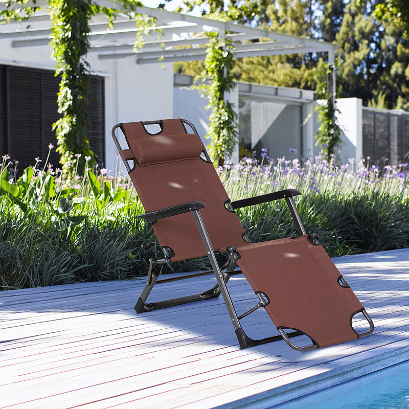 Outsunny Folding Chaise Lounge Chair For Outside, 2-In-1 Tanning Chair With Pillow & Pocket, Adjustable Pool Chair For Beach, Patio, Lawn, Deck, Brown