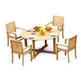7 Pcs Grade-A Teak Wood Dining Set: 60" Round Table And 6 Mas Stacking Arm Chairs #11MS1206