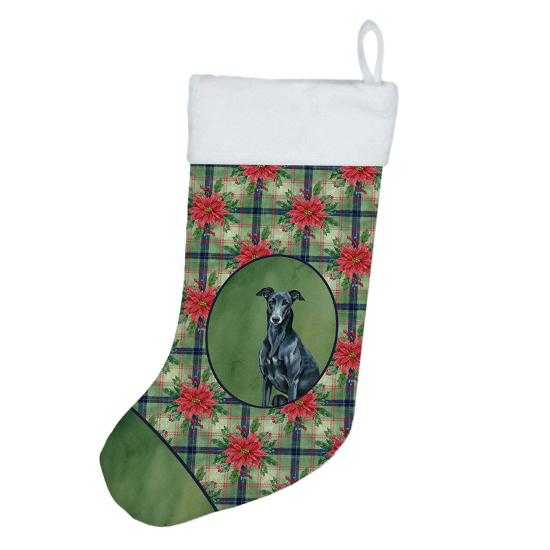 Chaussette de Noël noire lévrier des fêtes poinsettias
