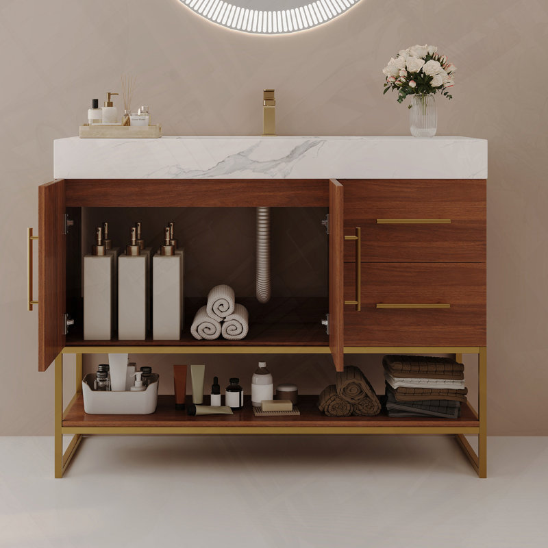 Meuble-lavabo autoportant moderne avec lavabo en céramique sans soudure et décor doré