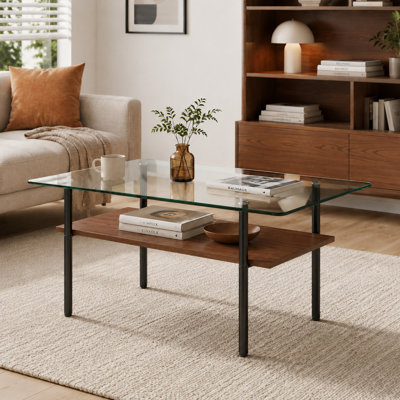 Rectangle Glass Coffee Table, Clear Double Layer Glass Coffee Table for Living Room