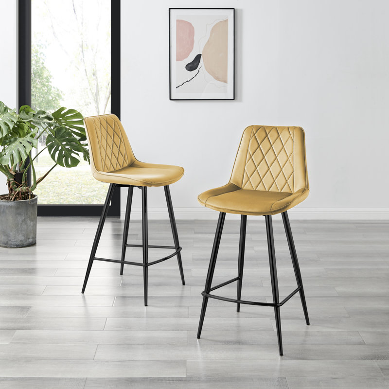 Palermo Velvet Modern Quilted Kitchen Breakfast Bar Stools - Upholstered Design, Black, Yellow