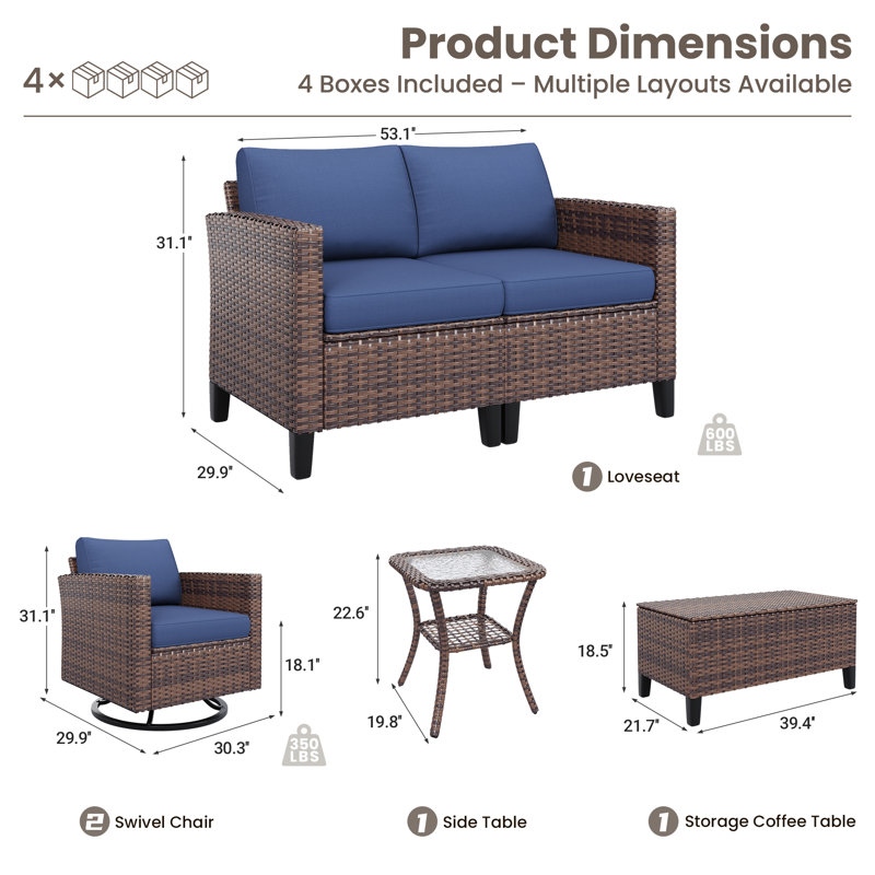 Ensemble de conversation pour patio pour 4 personnes avec table basse de rangement - structure en acier galvanisé, rotin PE, coussins à séchage rapide 4 po