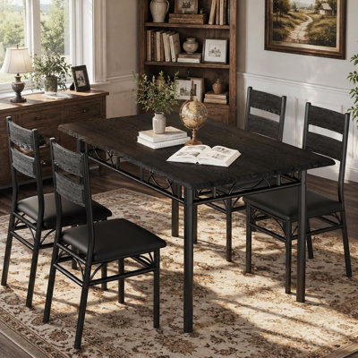 5 Piece Dining Table Set for 4, Rectangular Kitchen Table Set | w/ 4 Upholstered High-Back Chairs, Industrial Dinner Set, Sturdy Metal Frame, Space-Sa
