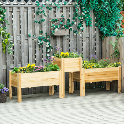 De 3 jardinières surélevées, jardinières surélevées en bois avec pieds et doublures. Utilisation dans la cour arrière. Cultivez des légumes, des herbes et des fleurs. Bois naturel. Respirant, règlement. Dispositions personnalisables.