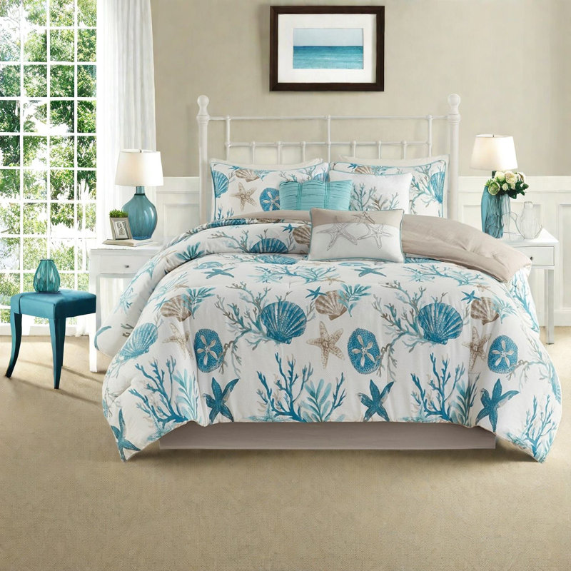 Ensembles de literie en satin de coton luxueux, design côtier turquoise pour très grand californien