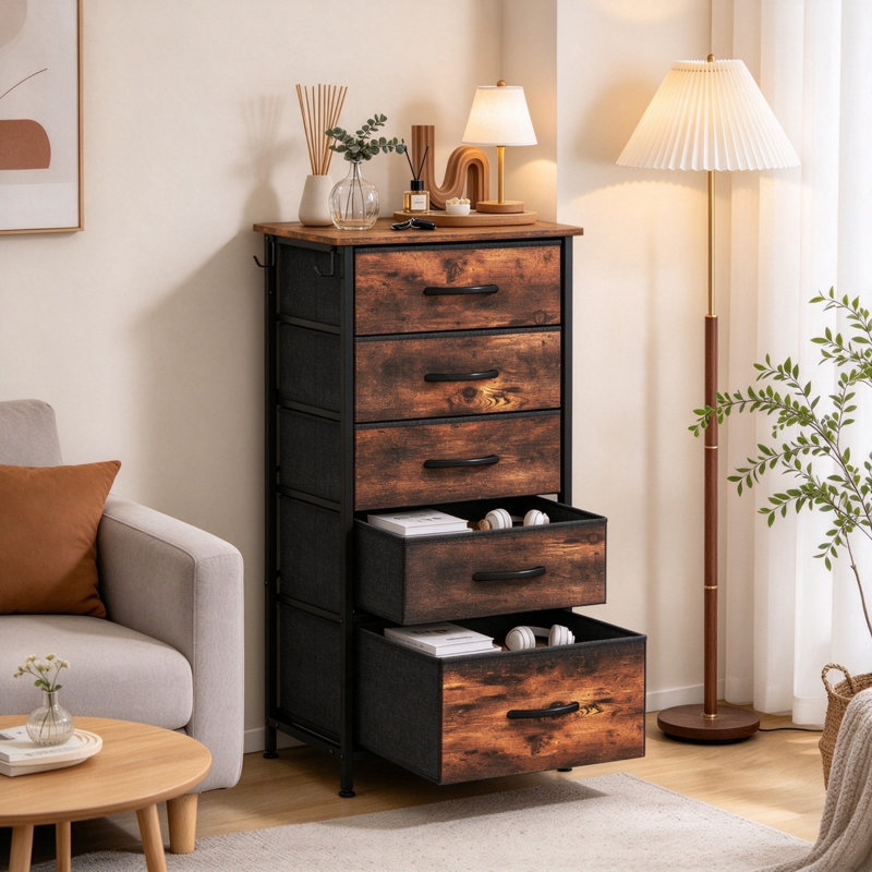 Steel 5 -Drawer Rectangle Accent Chest, Rustic Brown