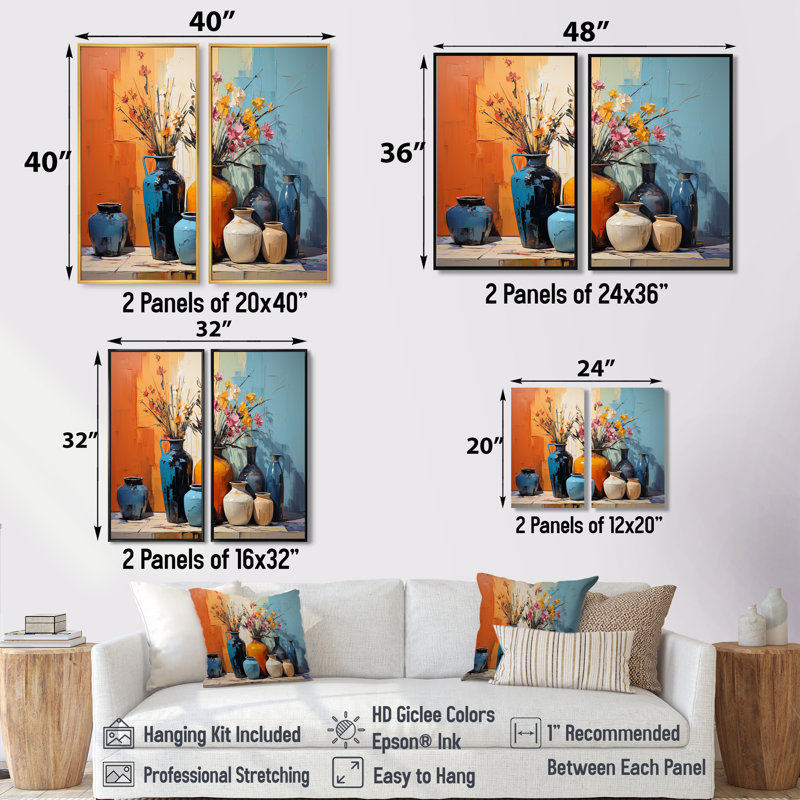 «Blue Italian Pottery Expressions», art mural traditionnel orange, Black, 36" H x 48" W, Framed Print without Mat