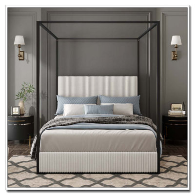Metal Canopy Bed With Tall Corduroy Upholstered Headboard And Four Poster, No Box Spring Needed