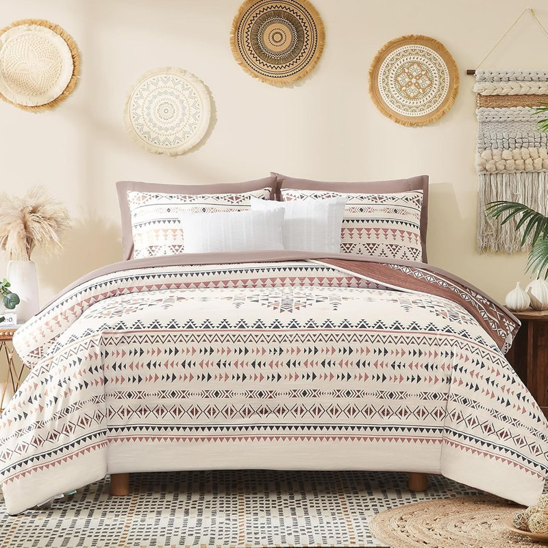 Ensemble d'édredon pour grand lit dans un sac bourgogne bourgogne - Literie réversible aztèque 7 pièces avec draps et taies décoratives