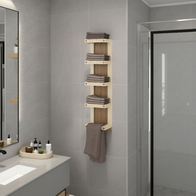5-Tier Wall Towel Rack, Slim Vertical Organizer With Shelves For Bathroom, Space-Saving, Natural Oak