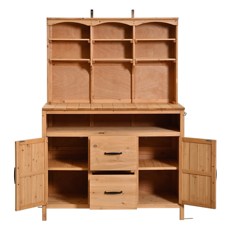 45.3" L Multi-Functional Outdoor Patio Kitchen Island with Hutch, Natural Wood