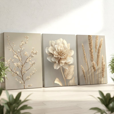 Ensemble de 3 grandes pièces d'art mural botanique à tons neutres pour un décor élégant, trois pièces d'art mural pour le salon, la chambre à coucher, le bureau et la maison