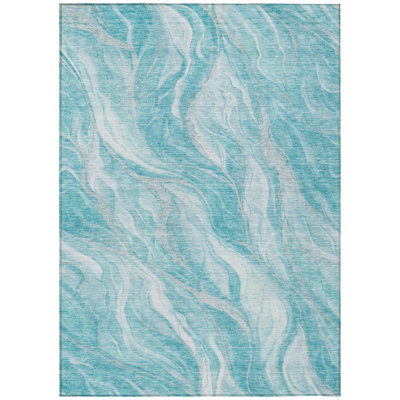 3' X 5' Teal Blue Aqua And Ivory Abstract Washable Indoor Outdoor Area Rug