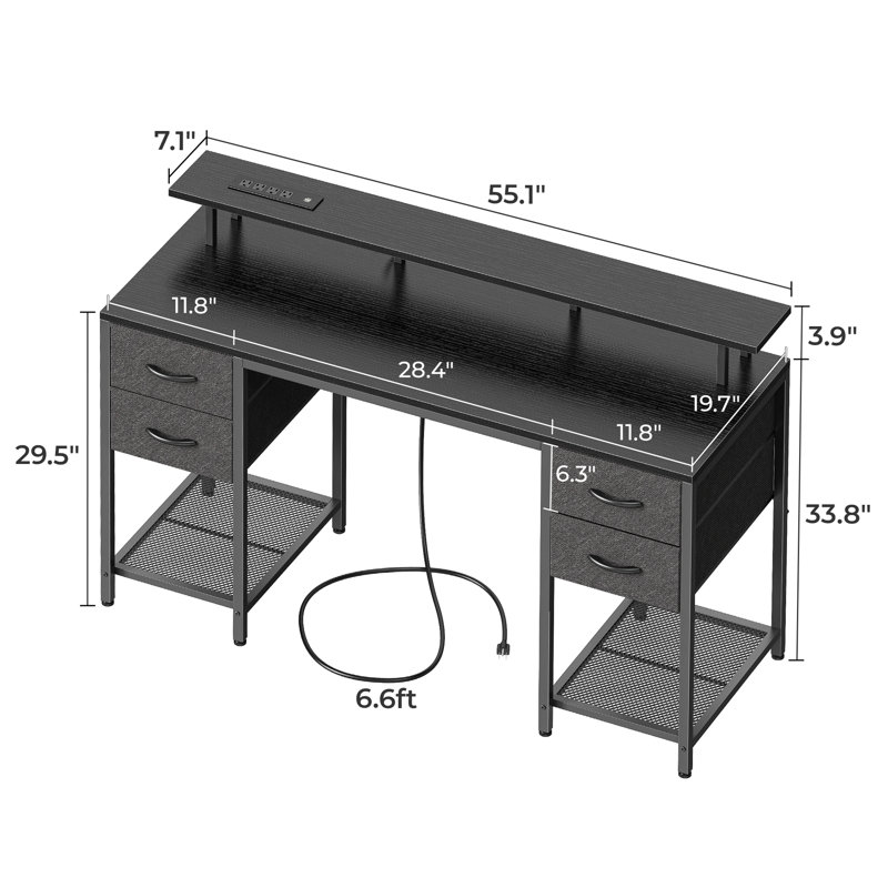 Neesha Desk with LED Lights, Computer Desk with Storage, Corner Desk with Drawers, Home Office Desk with Shelves, Writing Desk with 4 File Drawers, Gaming Desk with Power Outlets, Study Desk