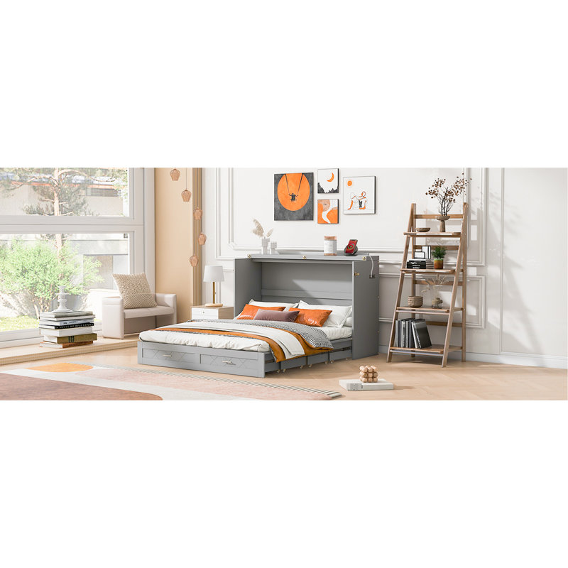 Grand lit gris avec rangement mural et poulie, taille, gris, tiroir, douilles et type