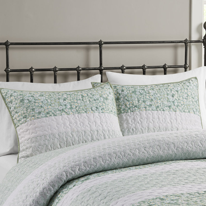 Courtepointe Seersucker 4 pièces double / grand, imprimé botanique, rembourrage, lavable avec coussin décoratif double / grand, imprimé floral, machine