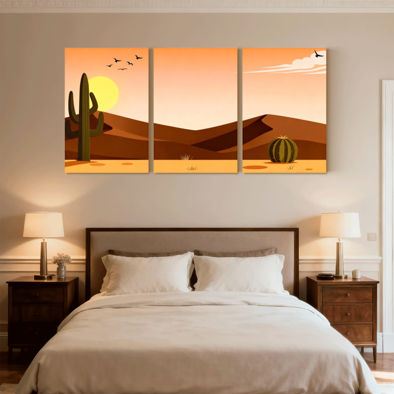 Cactus du désert, coucher de soleil, paysage de cactus, ensemble de 3 reproductions d'art sur toile, H 18 po x l 36 po