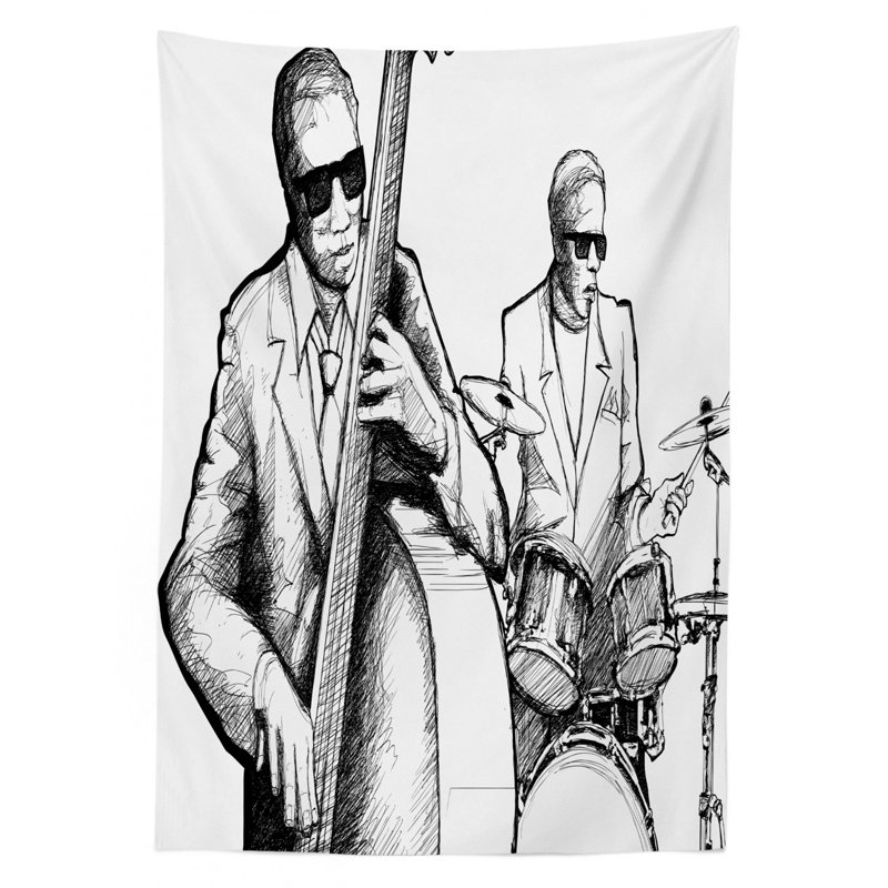 Jazz Music Tablecloth, Illustration Of A Jazz Band Musicians Playing Drum Music Concert Performance, Rectangular Table Cover For Dining Room Kitchen Decor, 52" X 70", Black White