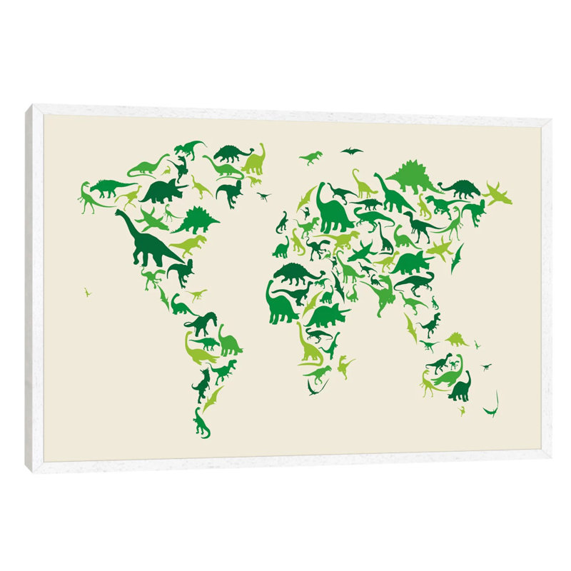 Dinosaur Map Of The World by Michael Tompsett - Floater Frame Print on Canvas, 101.6 cm H x 66.04 cm W, White Framed