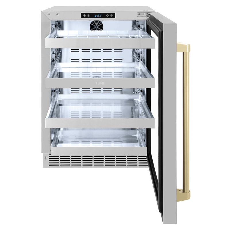 ZLINE Edition 24" Touchstone Fridge w/ DuraSnow Glass Door & Gold Handle, Stainless Steel/Champagne Bronze