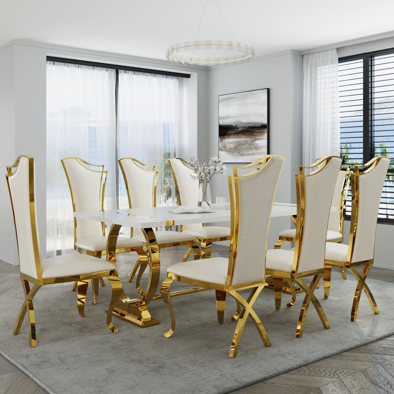 Ensemble de table de salle à manger 78 pouces blanche et dorée avec 8 chaises en cuir blanches, 9 pièces : table, 8 chaises
