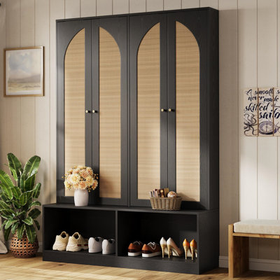 Arbre d'entrée de ferme avec portes en rotin, banc 4-en-1 et armoire à chaussures avec crochets