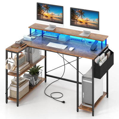 48" L-Shaped Gaming Desk with LED Lights & Power Outlets Storage Shelves by Inbox Zero