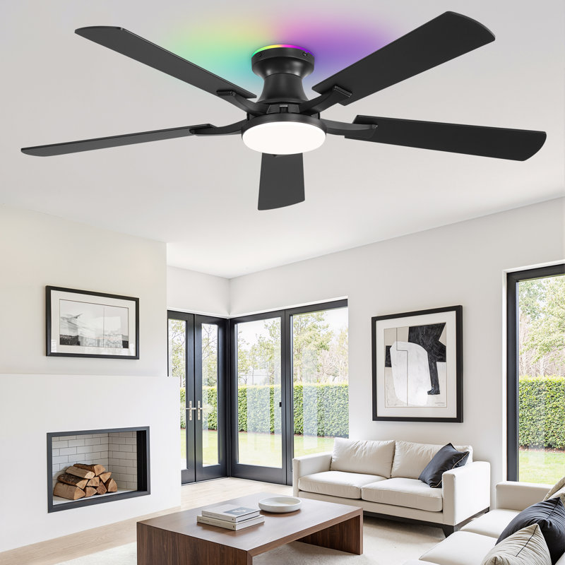 Cissline 52" Smart RGB Black Flush Mount Ceiling Fan with Light,Sleek and Futuristic, Remote & App Control, Modern Minimalist Design