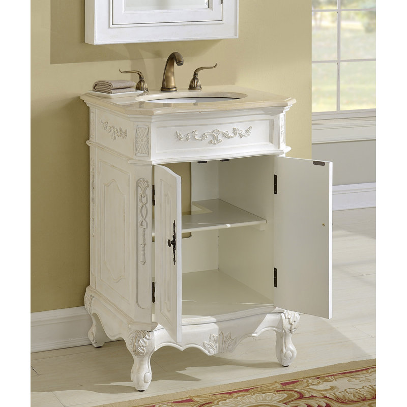 24'' Single Bathroom Vanity with Marble Top, Antique White, Cream