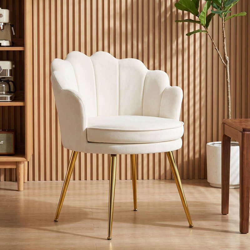 Chaise d'appoint en velours avec pieds dorés, fauteuil coquille moderne, Beige, 1