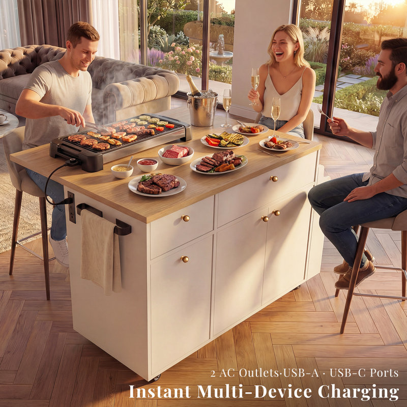 OMCHOM Marble Look Rolling Kitchen Island with Foldable Top, Power Outlet, 3-Tier Spice Rack, Paper Towel Holder, Towel Bar & Dual Drawers