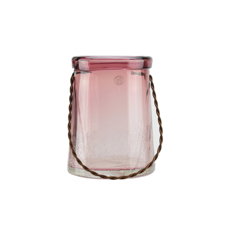 13.5" Transparent Mauve Tapered Hand-Blown Glass Hurricane Candle Holder with Handle