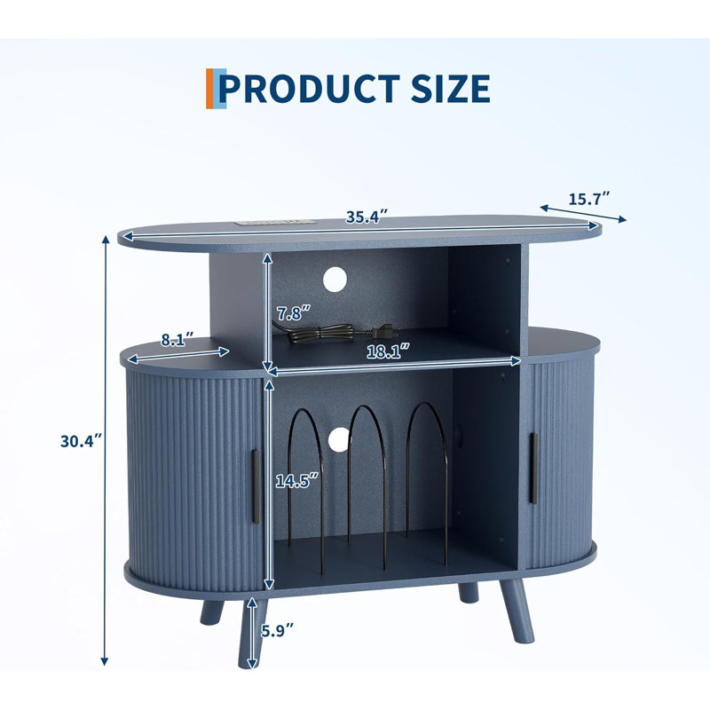 Armoire tourne-disque 35 po Mid Century Modern, Blue