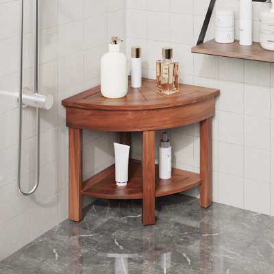 Tabouret de douche de coin 18,3 po avec rangement, banc de douche en teck et repose-pieds pour le rasage, siège de salle de bain compact