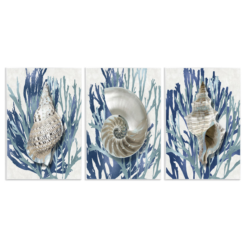 Trio de coquillages, corail, plage bleue, ensemble de 3 plaques murales par Caroline Kelly, H 15 po x l 10 po