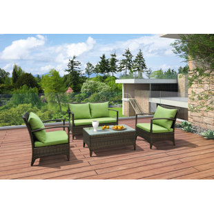 Ensemble de conversation en osier rotin pour 4 personnes avec coussins