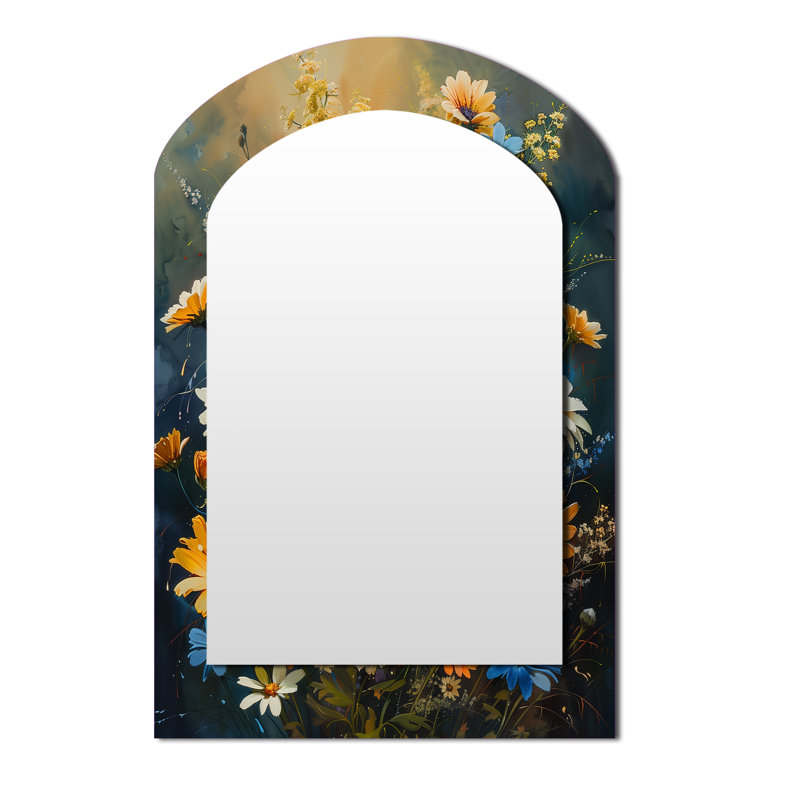 Bleu et blanc nature morte marguerites de jardin II - grand miroir mural arqué sur métal, 43 po x 33 po